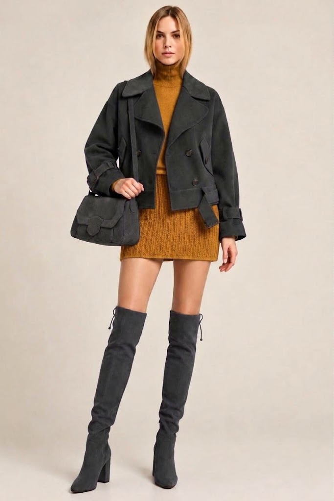 Women's charcoal gray custom-made thigh-high boots with round toe and high block heel- Top view